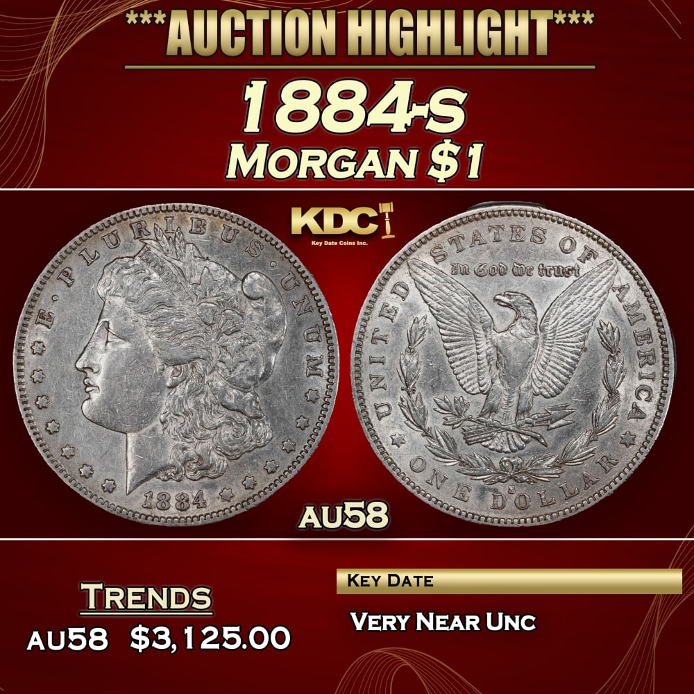 1884-s Morgan Dollar $1 au58 USCG: 1884-s Morgan Dollar $1 au58 USCG. 0 Historic precious metal trends is causing increased spot pricing by the day. On auctions with set openings, we are doing our best to have items priced at their mar
