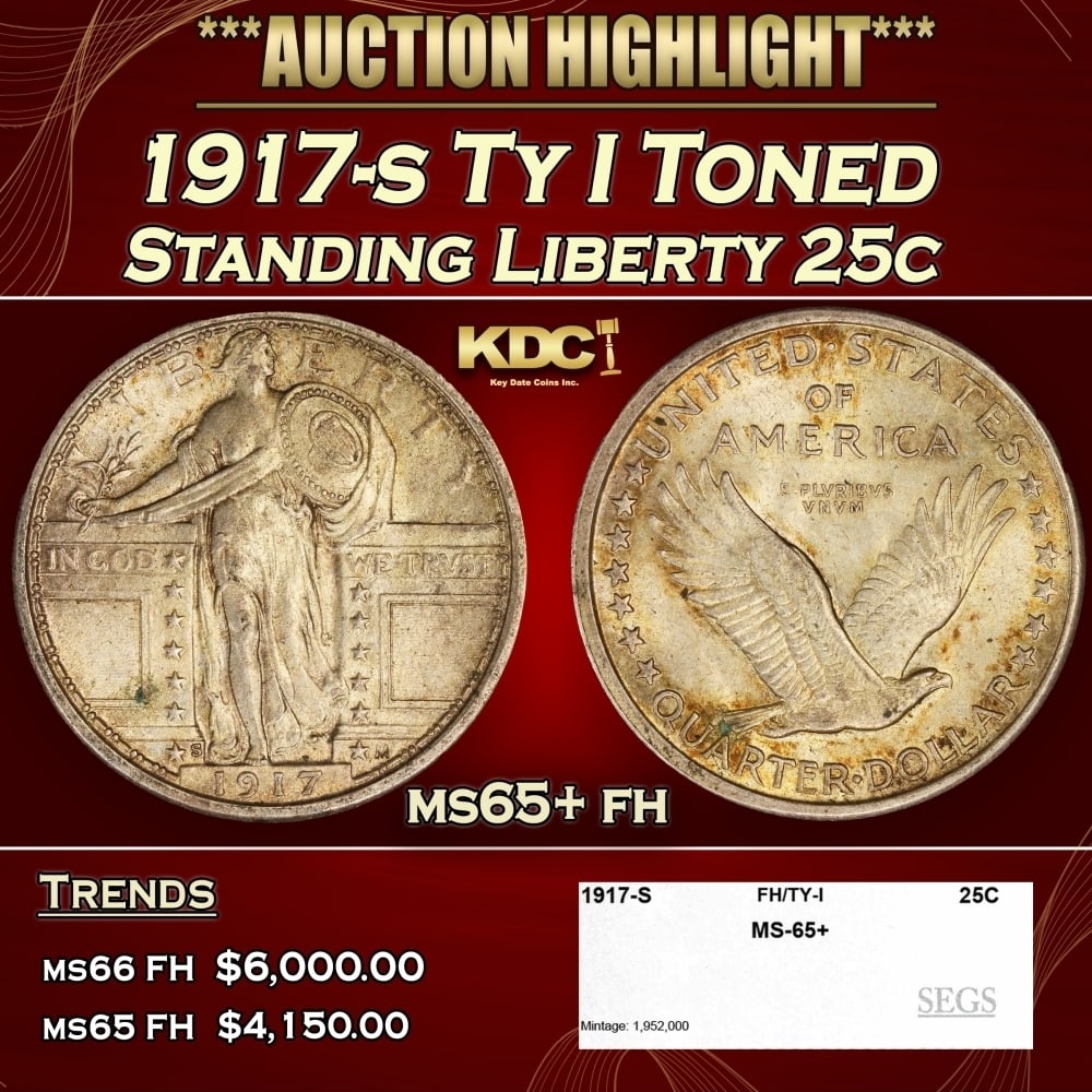 1917-s Ty I Standing Liberty Quarter Toned 25c ms65+ fh SEGS: 1917-s Ty I Toned Standing Liberty Quarter 25c ms65+ fh SEGS. 0 Historic precious metal trends is causing increased spot pricing by the day. On auctions with set openings, we are doing our best to hav