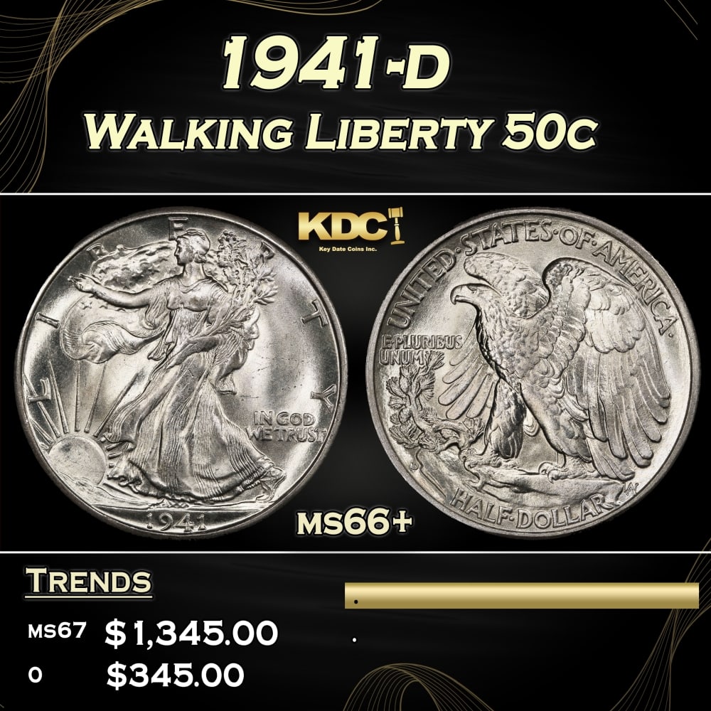 1941-d Walking Liberty Half Dollar 50c ms66+ SEGS: 1941-d Walking Liberty Half Dollar 50c ms66+ SEGS. 0 Historic precious metal trends is causing increased spot pricing by the day. On auctions with set openings, we are doing our best to have items pri