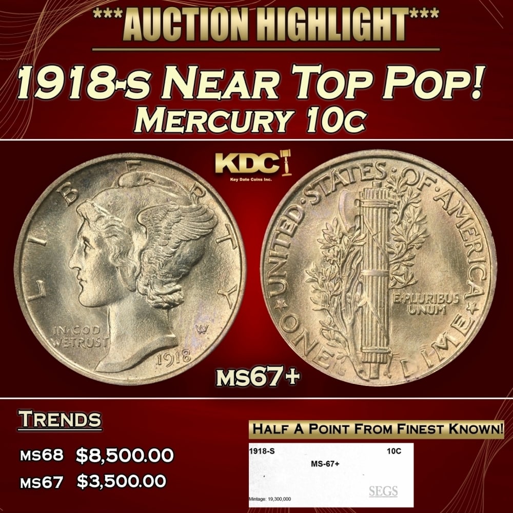 1918-s Mercury Dime Near Top Pop! 10c ms67+ SEGS: 1918-s Near Top Pop! Mercury Dime 10c ms67+ SEGS. 0 Historic precious metal trends is causing increased spot pricing by the day. On auctions with set openings, we are doing our best to have items pric