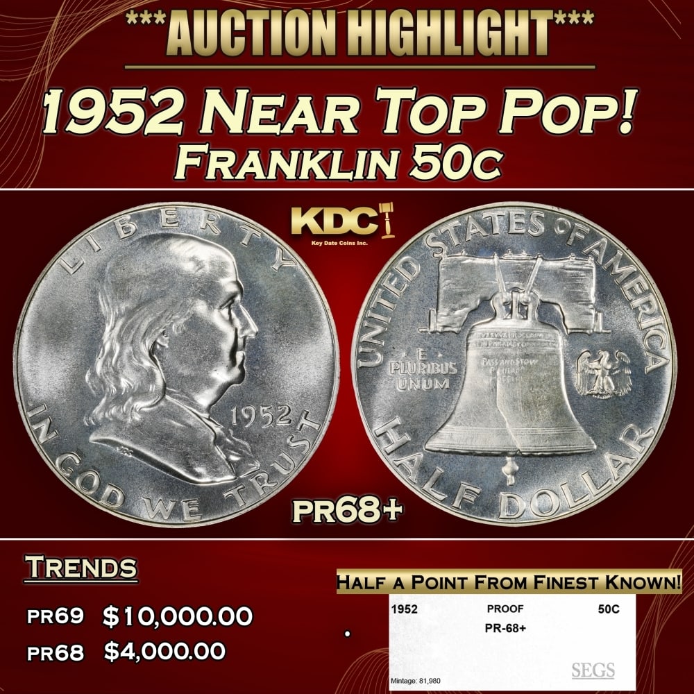 1952 Proof Franklin Half Dollar Near Top Pop! 50c pr68+ SEGS: 1952 Near Top Pop! Franklin Half Dollar 50c pr68+ SEGS. 0 Historic precious metal trends is causing increased spot pricing by the day. On auctions with set openings, we are doing our best to have item