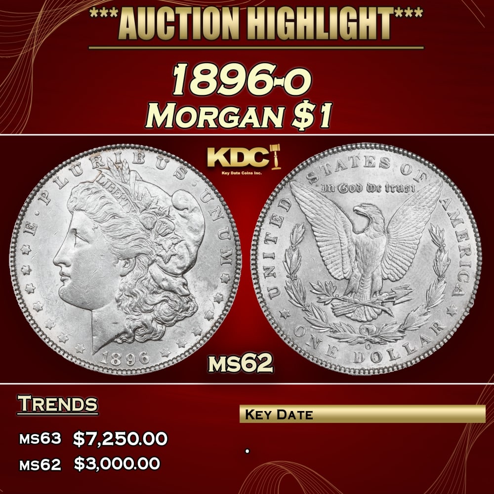1896-o Morgan Dollar $1 ms62 USCG: 1896-o Morgan Dollar $1 ms62 USCG. 0 Historic precious metal trends is causing increased spot pricing by the day. On auctions with set openings, we are doing our best to have items priced at their mar