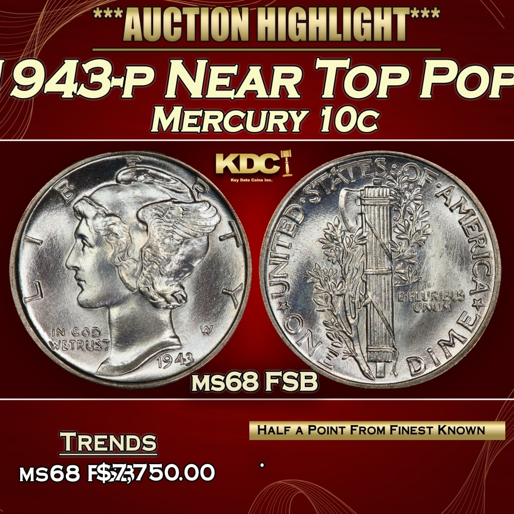 1943-p Mercury Dime Near Top Pop! 10c ms68 FSB SEGS: 1943-p Near Top Pop! Mercury Dime 10c ms68 FSB SEGS. 0 Historic precious metal trends is causing increased spot pricing by the day. On auctions with set openings, we are doing our best to have items p