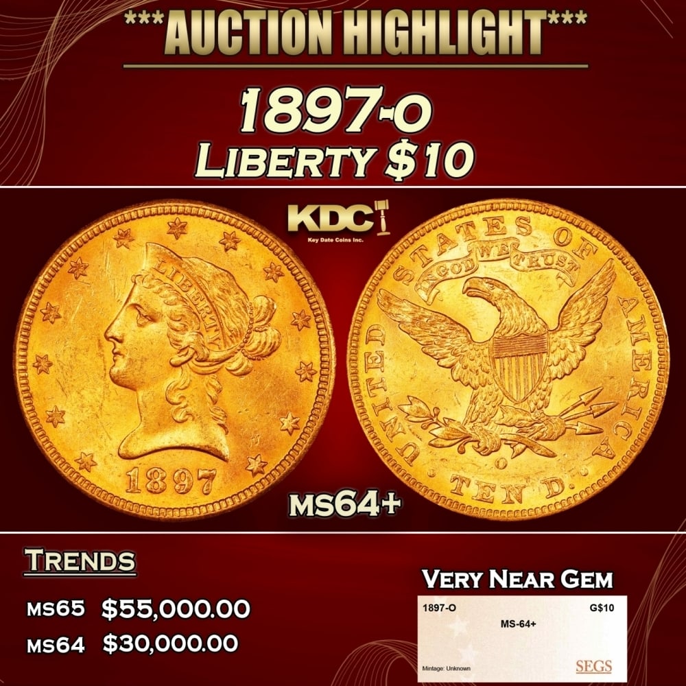1897-o Gold Liberty Eagle $10 ms64+ SEGS: 1897-o Gold Liberty Eagle $10 ms64+ SEGS. 0 Historic precious metal trends is causing increased spot pricing by the day. On auctions with set openings, we are doing our best to have items priced at th