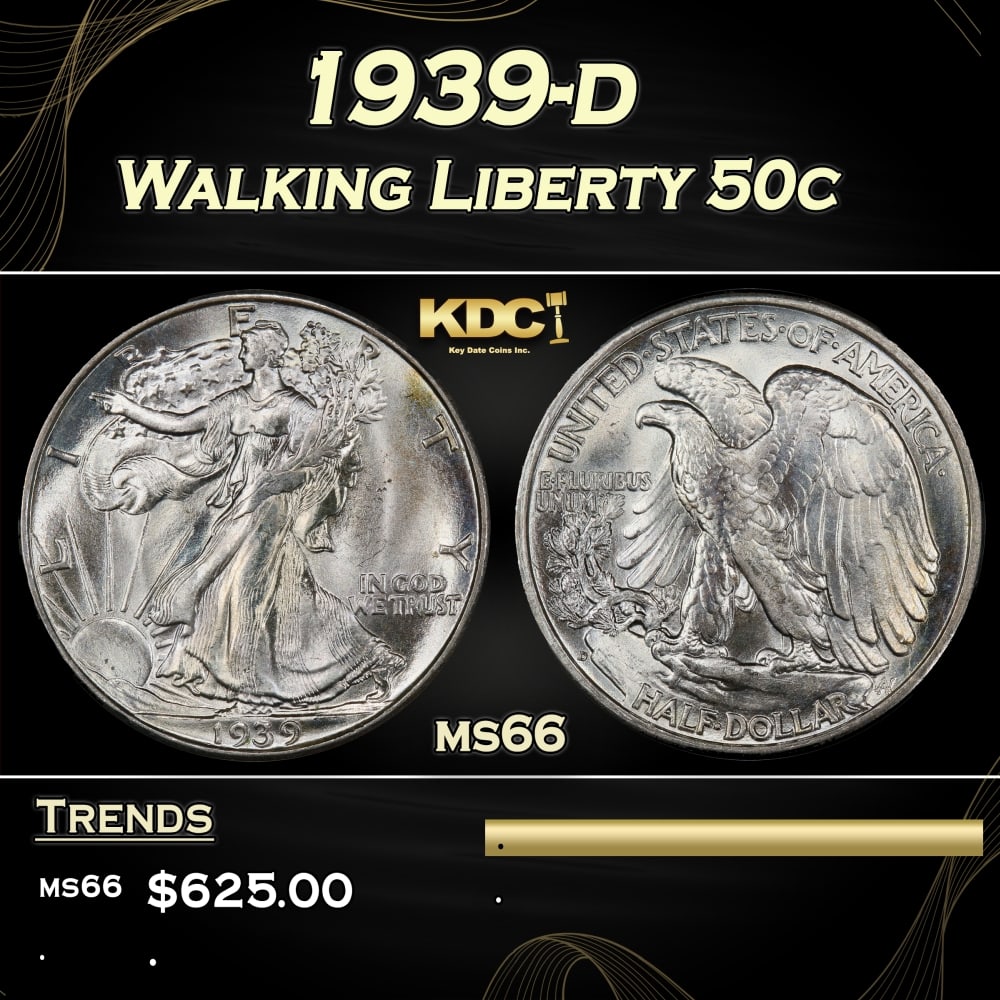 1939-d Walking Liberty Half Dollar 50c Grades ms66 (1 of 3)