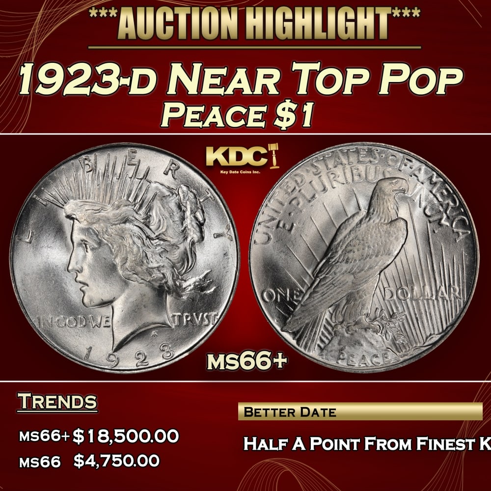 1923-d Peace Dollar Near Top Pop $1 ms66+ SEGS: 1923-d Near Top Pop Peace Dollar $1 ms66+ SEGS. 0 Historic precious metal trends is causing increased spot pricing by the day. On auctions with set openings, we are doing our best to have items priced