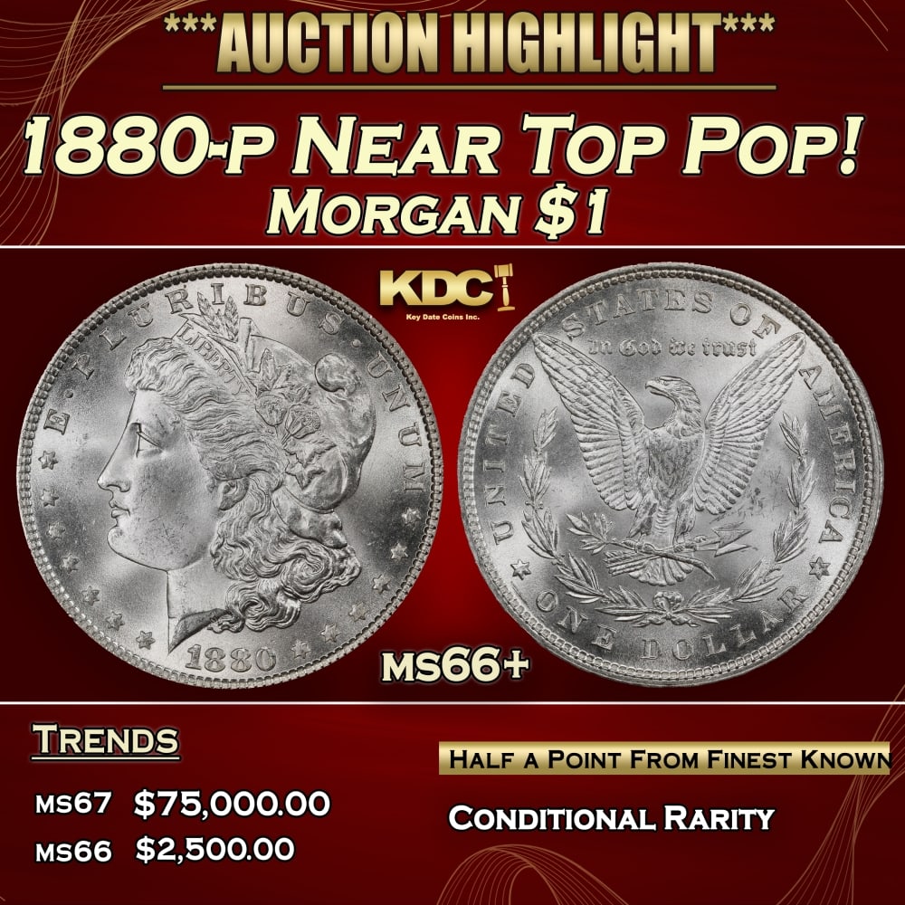 1880-p Morgan Dollar Near Top Pop! $1 ms66+ SEGS: 1880-p Near Top Pop! Morgan Dollar $1 ms66+ SEGS. 0 Each side of this top-certified Registry coin remains wholly brilliant with vibrant cartwheel luster. The fields and cheek are clean. Historic preci