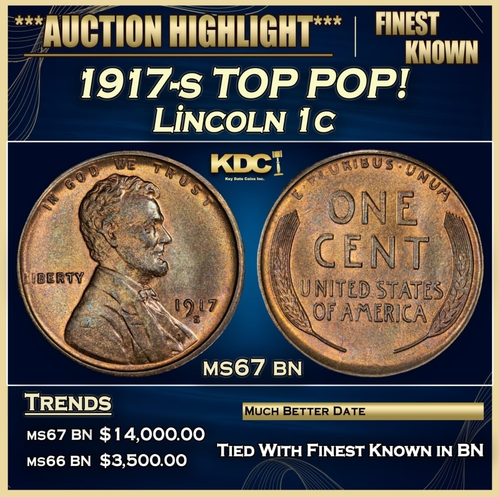 1917-s Lincoln Cent TOP POP! 1c ms67 bn SEGS: 1917-s TOP POP! Lincoln Cent 1c ms67 bn SEGS. 0 Historic precious metal trends is causing increased spot pricing by the day. On auctions with set openings, we are doing our best to have items priced a