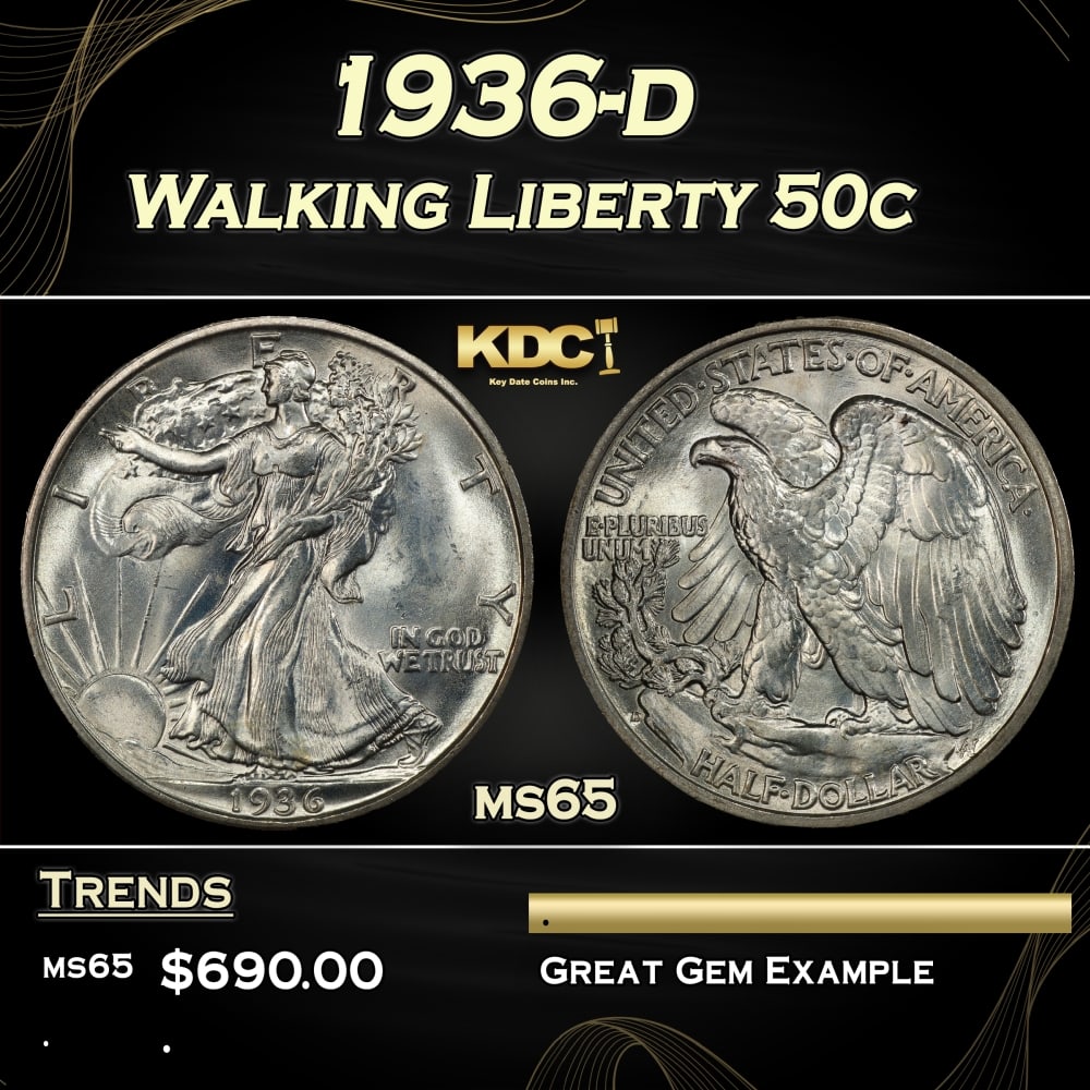 1936-d Walking Liberty Half Dollar 50c Grades ms65 (1 of 3)