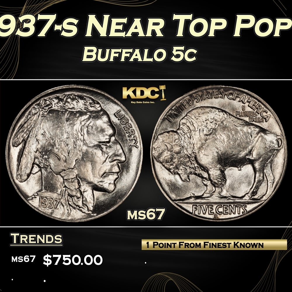 1937-s Buffalo Nickel Near Top Pop 5c ms67 SEGS: 1937-s Near Top Pop Buffalo Nickel 5c ms67 SEGS. 0 Historic precious metal trends is causing increased spot pricing by the day. On auctions with set openings, we are doing our best to have items price