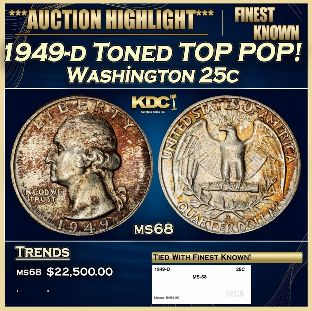 1949-d Washington Quarter Toned TOP POP! 25c ms68 SEGS: 1949-d Toned TOP POP! Washington Quarter 25c ms68 SEGS. 0 Historic precious metal trends is causing increased spot pricing by the day. On auctions with set openings, we are doing our best to have item