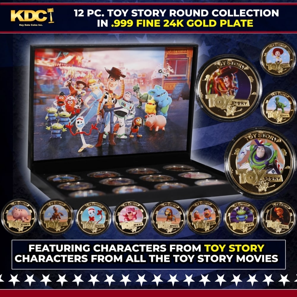 12 Coin Toy Story Gold Plated Round Collection In Custom Box W/ Special Backer card: 12 Coin Toy Story Gold Plated Round Collection In Custom Box W/ Special Backer card. Please Note All Backer Cards may have slight differences but will be very similar if not identical to the one in th
