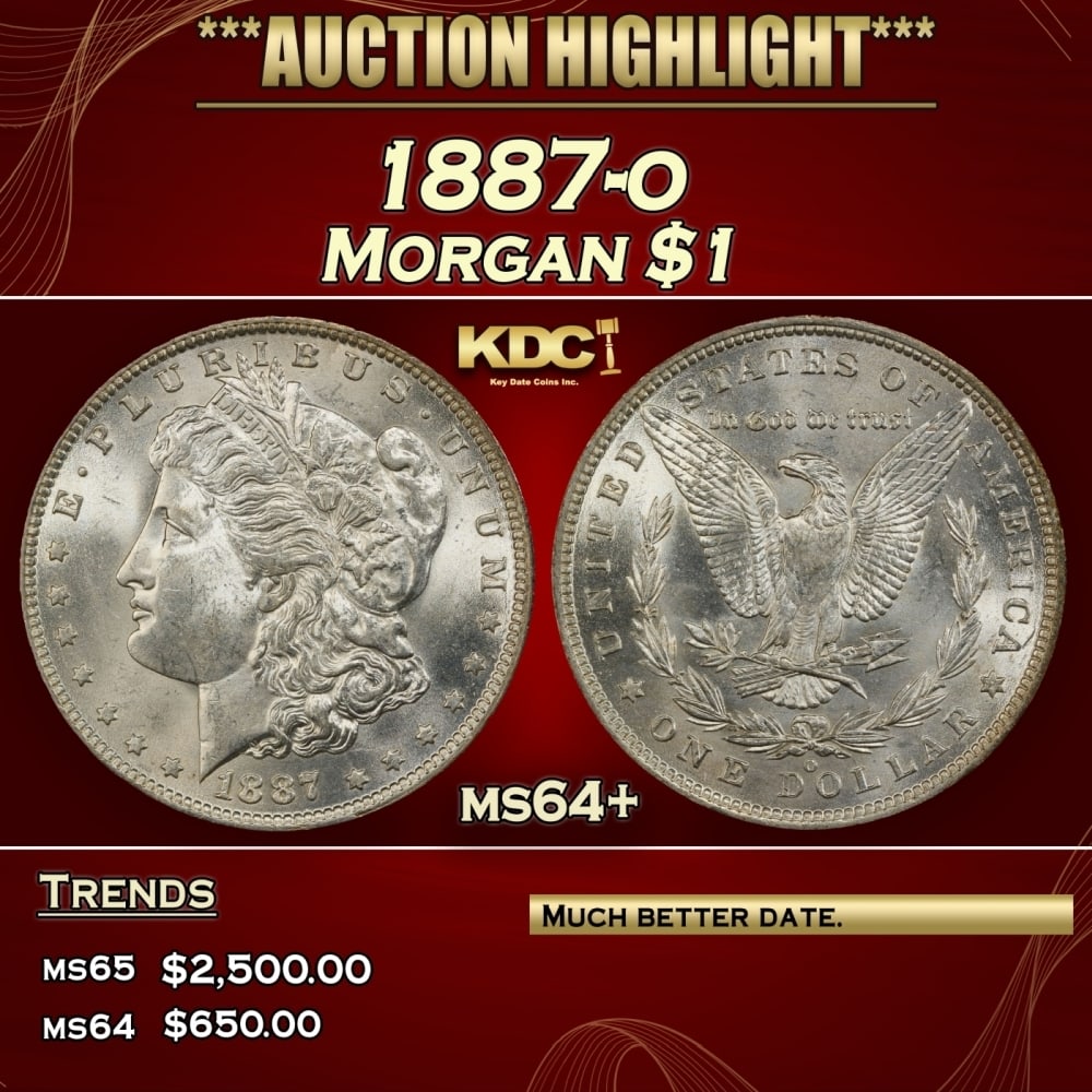 1887-o Morgan Dollar $1 ms64+ SEGS: 1887-o Morgan Dollar $1 ms64+ SEGS. 0 Historic precious metal trends is causing increased spot pricing by the day. On auctions with set openings, we are doing our best to have items priced at their ma