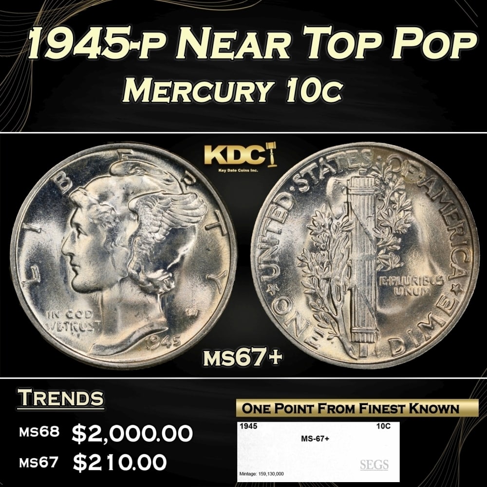 1945-p Mercury Dime Near Top Pop 10c ms67+ SEGS: 1945-p Near Top Pop Mercury Dime 10c ms67+ SEGS. 0 Historic precious metal trends is causing increased spot pricing by the day. On auctions with set openings, we are doing our best to have items price