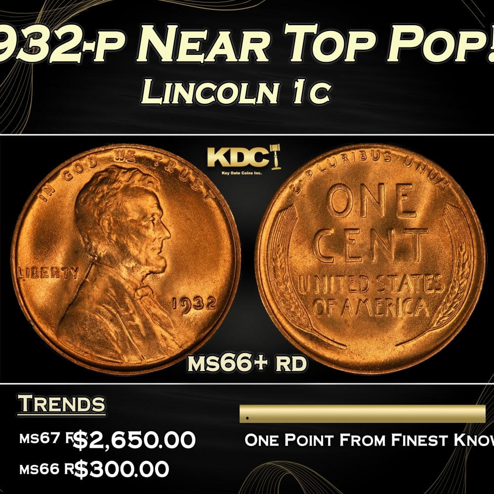 1932-p Lincoln Cent Near Top Pop! 1c ms66+ rd SEGS (1 of 3)