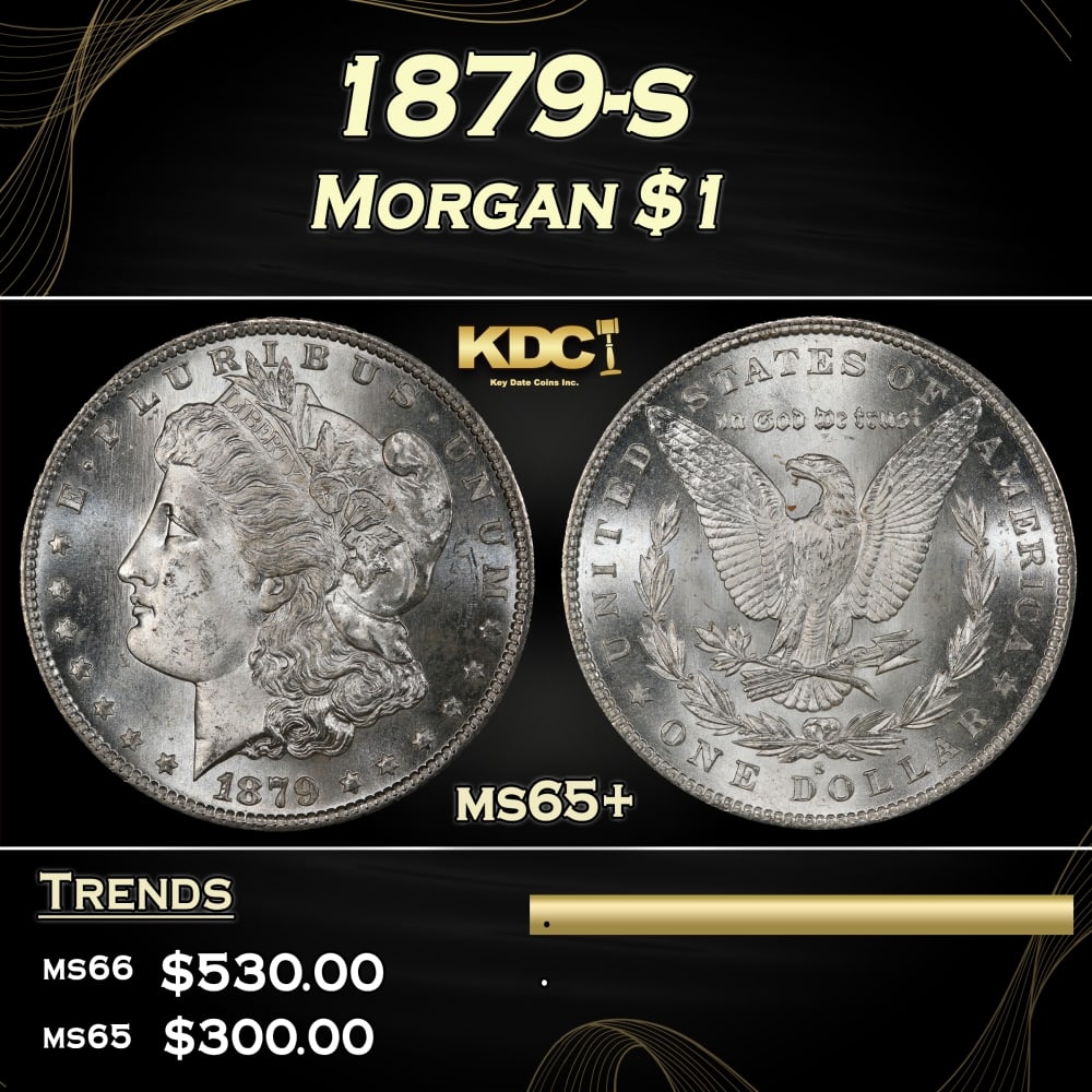 1879-s Morgan Dollar $1 Grades ms65+: 1879-s Morgan Dollar $1 Grades ms65+. 0 Historic precious metal trends is causing increased spot pricing by the day. On auctions with set openings, we are doing our best to have items priced at their