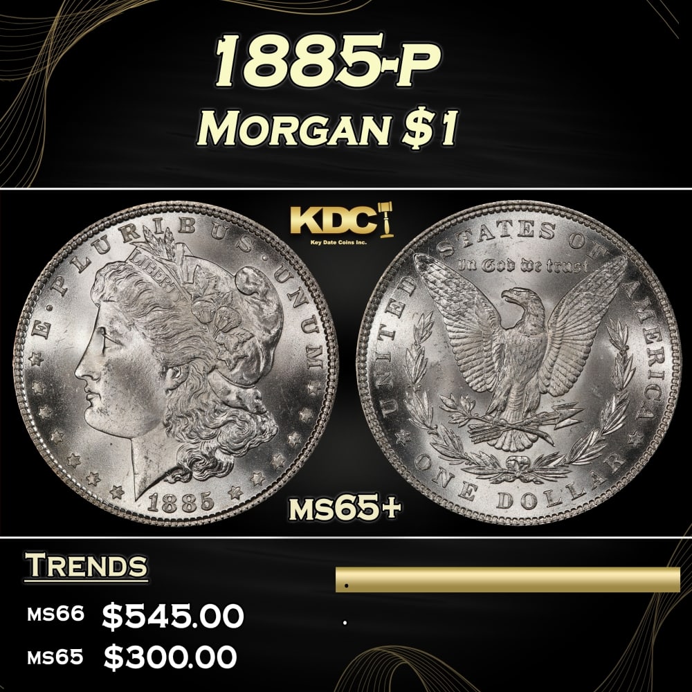 1885-p Morgan Dollar $1 Grades ms65+: 1885-p Morgan Dollar $1 Grades ms65+. 0 Historic precious metal trends is causing increased spot pricing by the day. On auctions with set openings, we are doing our best to have items priced at their