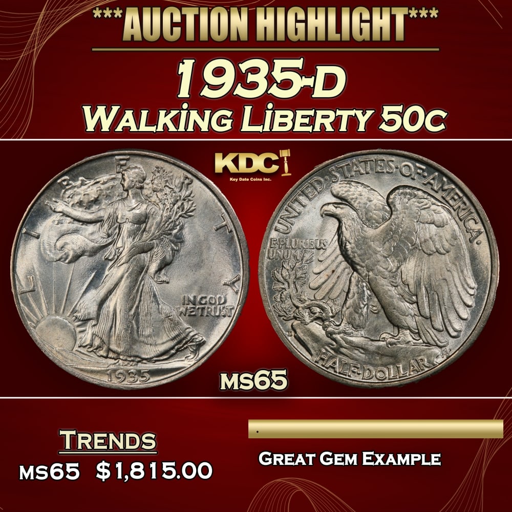 1935-d Walking Liberty Half Dollar 50c ms65 SEGS: 1935-d Walking Liberty Half Dollar 50c ms65 SEGS. 0 Historic precious metal trends is causing increased spot pricing by the day. On auctions with set openings, we are doing our best to have items pric
