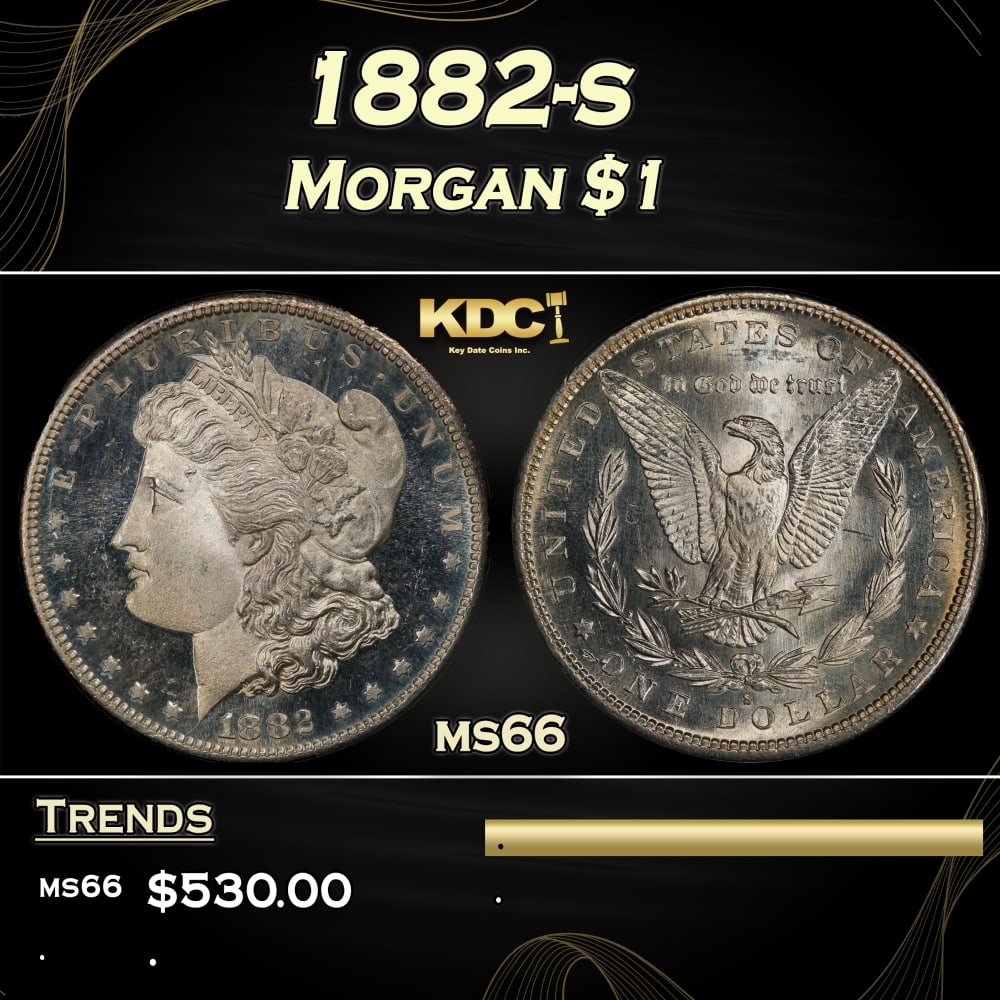1882-s Morgan Dollar $1 Grades ms66: 1882-s Morgan Dollar $1 Grades ms66. 0 Historic precious metal trends is causing increased spot pricing by the day. On auctions with set openings, we are doing our best to have items priced at their m
