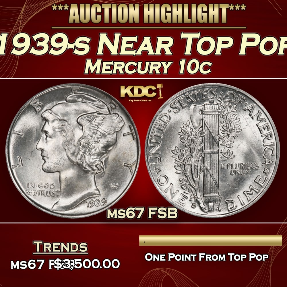 1939-s Mercury Dime Near Top Pop 10c ms67 FSB SEGS: 1939-s Near Top Pop Mercury Dime 10c ms67 FSB SEGS. 0 Historic precious metal trends is causing increased spot pricing by the day. On auctions with set openings, we are doing our best to have items pr