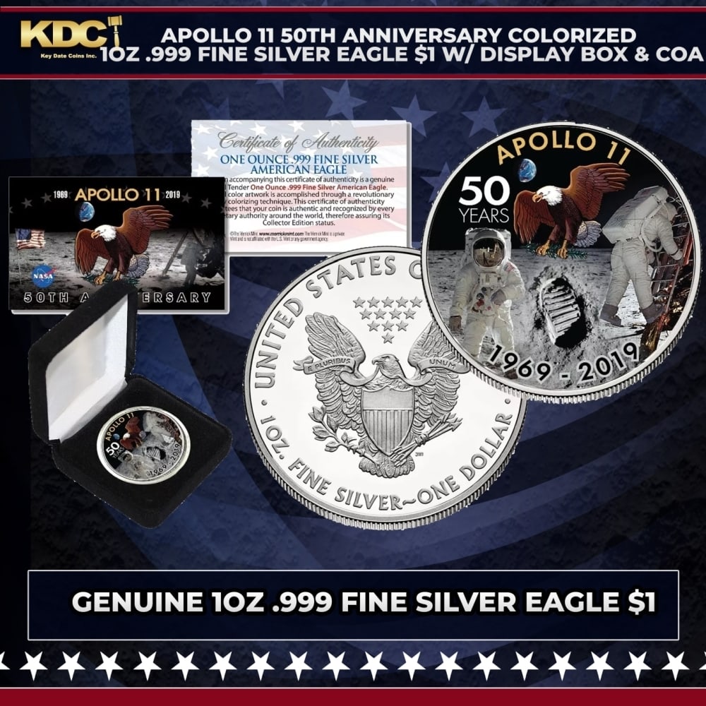 Apollo 11 50th Anniversary Colorized 1oz .999 Fine Silver Eagle $1 w/ Display Box & COA Other Toy (1 of 2)