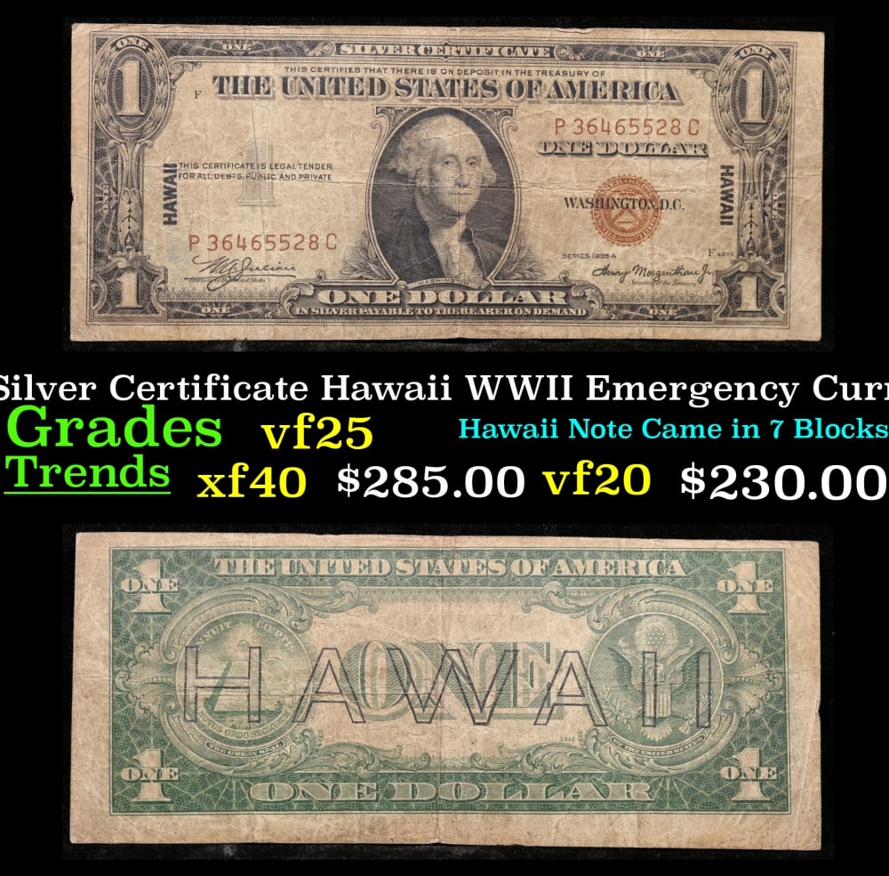 1935A $1 Silver Certificate Hawaii WWII Emergency Currency Rare PC Block Grades vf+: 1935A $1 Silver Certificate Hawaii WWII Emergency Currency Rare PC Block Grades vf+. FR-2300 The $1 Hawaii Note Came in 7 Blocks the SC Block Which is the most common, The LC, PC, CC, and YB Blocks ar