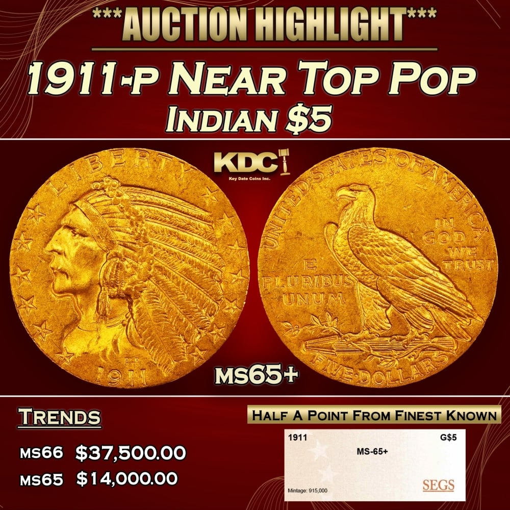 1911-p Gold Indian Half Eagle Near Top Pop $5 ms65+ SEGS: 1911-p Near Top Pop Gold Indian Half Eagle $5 ms65+ SEGS. 0 Historic precious metal trends is causing increased spot pricing by the day. On auctions with set openings, we are doing our best to have it