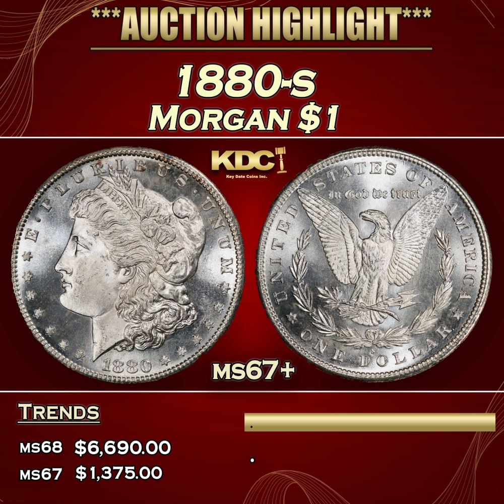 1880-s Morgan Dollar $1 ms67+ SEGS: 1880-s Morgan Dollar $1 ms67+ SEGS. 0 Historic precious metal trends is causing increased spot pricing by the day. On auctions with set openings, we are doing our best to have items priced at their ma