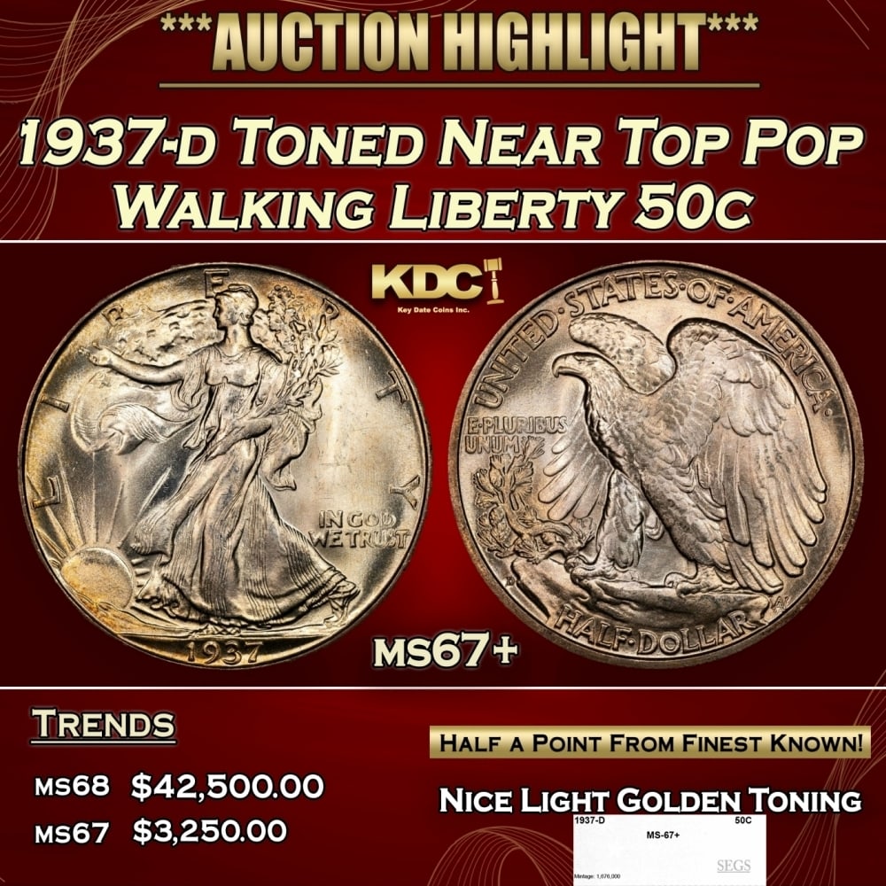 1937-d Walking Liberty Half Dollar Toned Near Top Pop 50c ms67+ SEGS (1 of 4)