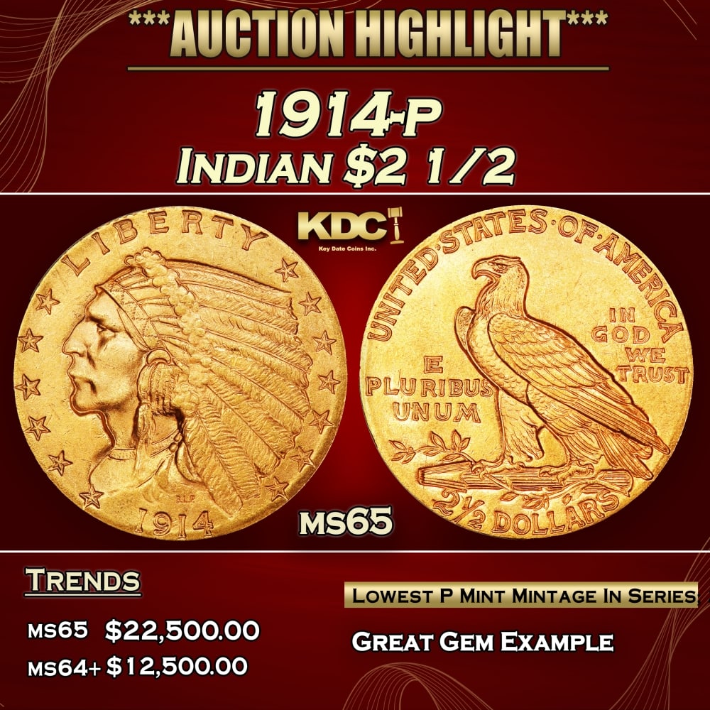 1914-p Gold Indian Quarter Eagle $2 1/2 ms65 SEGS (1 of 3)
