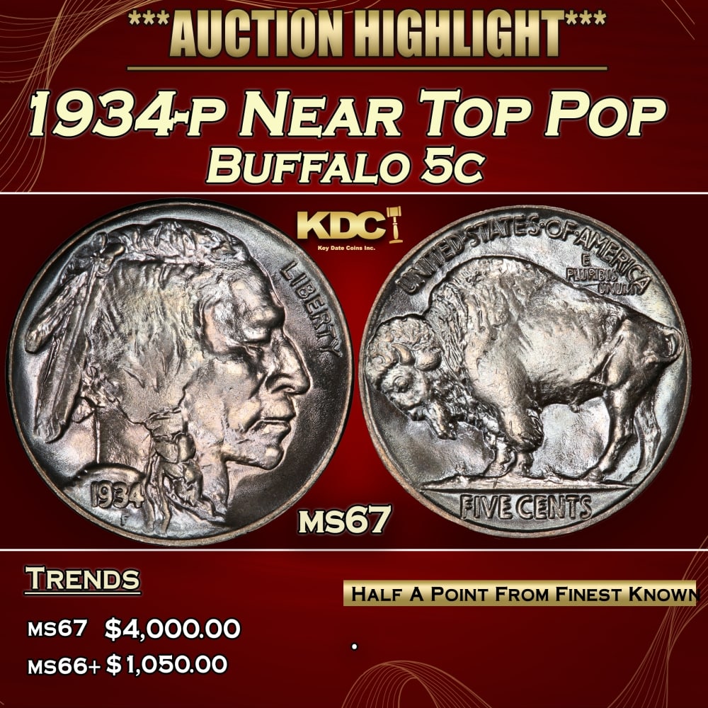 1934-p Buffalo Nickel Near Top Pop 5c ms67 SEGS: 1934-p Near Top Pop Buffalo Nickel 5c ms67 SEGS. 0 Historic precious metal trends is causing increased spot pricing by the day. On auctions with set openings, we are doing our best to have items price