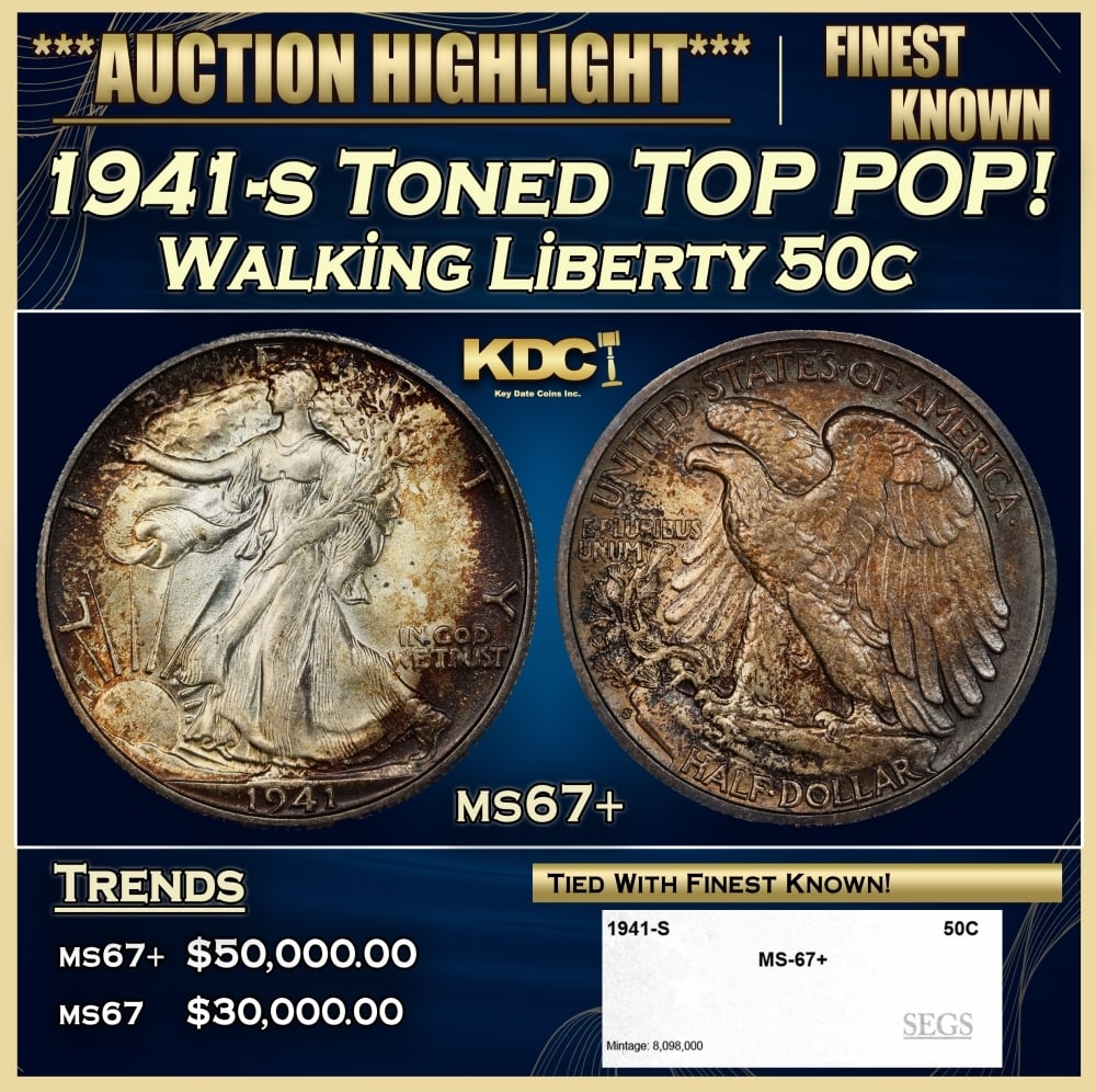 1941-s Walking Liberty Half Dollar Toned TOP POP! 50c ms67+ SEGS: 1941-s Toned TOP POP! Walking Liberty Half Dollar 50c ms67+ SEGS. 0 Historic precious metal trends is causing increased spot pricing by the day. On auctions with set openings, we are doing our best to