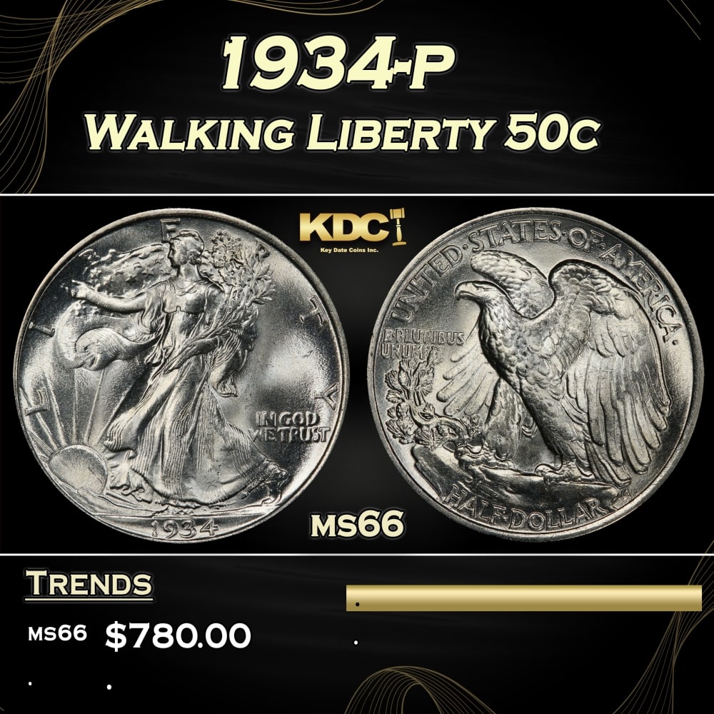 1934-p Walking Liberty Half Dollar 50c Grades ms66 (1 of 3)