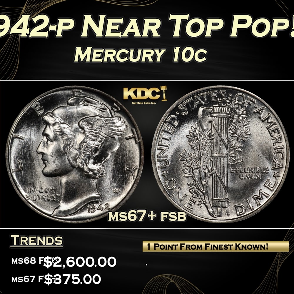 1942-p Mercury Dime Near Top Pop! 10c ms67+ fsb SEGS: 1942-p Near Top Pop! Mercury Dime 10c ms67+ fsb SEGS. 0 Historic precious metal trends is causing increased spot pricing by the day. On auctions with set openings, we are doing our best to have items