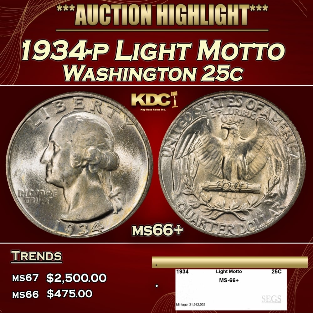 1934-p Washington Quarter Light Motto 25c ms66+ SEGS (1 of 4)