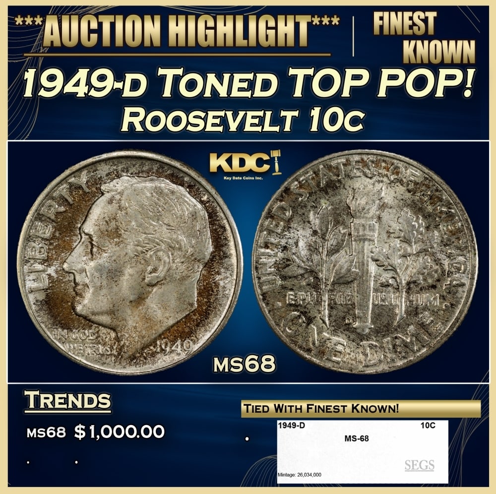1949-d Roosevelt Dime Toned TOP POP! 10c ms68 SEGS: 1949-d Toned TOP POP! Roosevelt Dime 10c ms68 SEGS. 0 Historic precious metal trends is causing increased spot pricing by the day. On auctions with set openings, we are doing our best to have items pr
