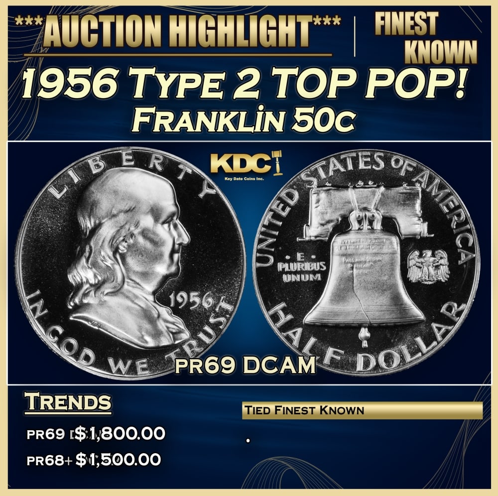 1956 Type 2 Proof Franklin Half Dollar TOP POP! 50c pr69 DCAM SEGS: 1956 Type 2 TOP POP! Franklin Half Dollar 50c pr69 DCAM SEGS. Historic precious metal trends is causing increased spot pricing by the day. On auctions with set openings, we are doing our best to have
