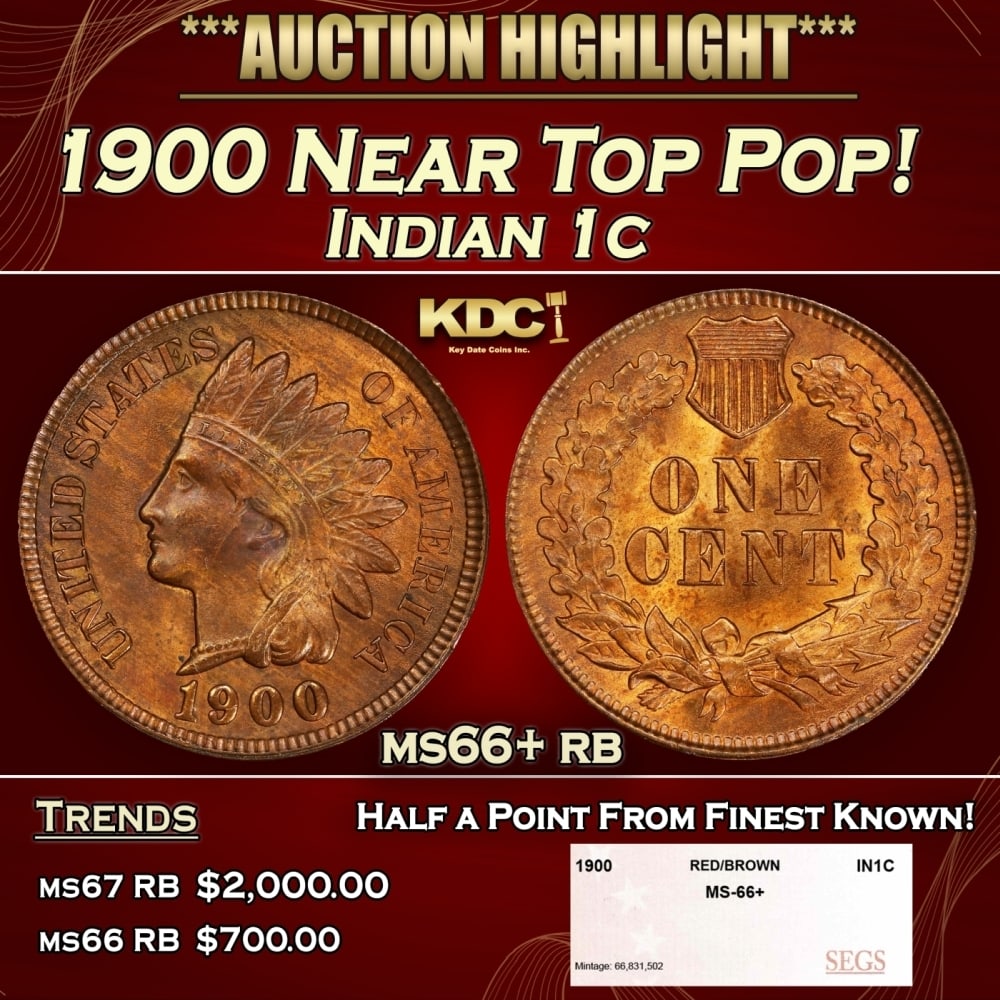 1900 Indian Cent Near Top Pop! 1c ms66+ rb SEGS: 1900 Near Top Pop! Indian Cent 1c ms66+ rb SEGS. 0 Historic precious metal trends is causing increased spot pricing by the day. On auctions with set openings, we are doing our best to have items price