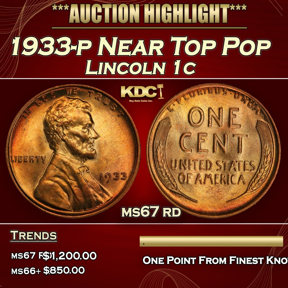 1933-p Lincoln Cent Near Top Pop 1c ms67 rd SEGS: 1933-p Near Top Pop Lincoln Cent 1c ms67 rd SEGS. 0 Historic precious metal trends is causing increased spot pricing by the day. On auctions with set openings, we are doing our best to have items pric
