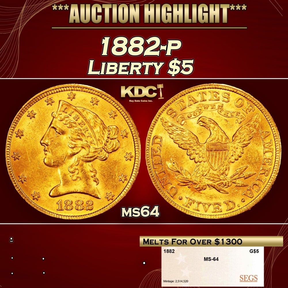 1882-p Gold Liberty Half Eagle $5 ms64 SEGS (1 of 4)