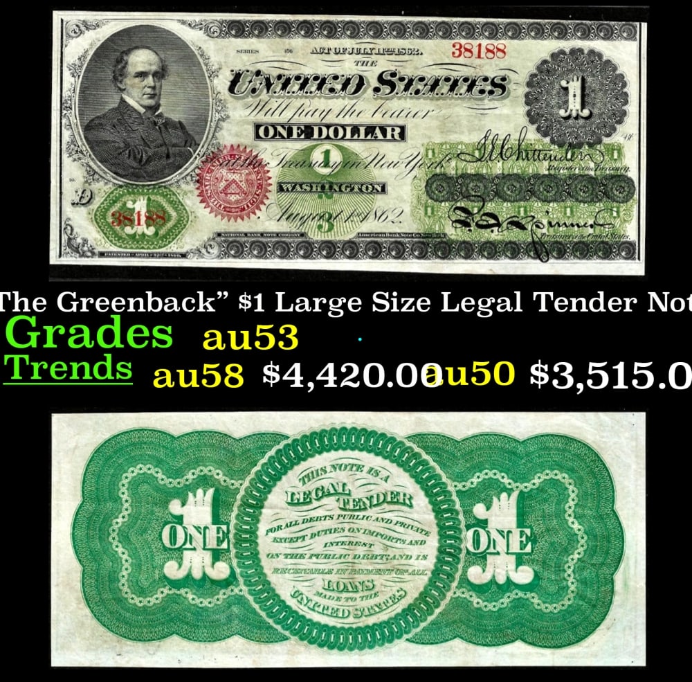 1862 $1 Large Size Legal Tender Note "The Greenback" Grades Select AU FR-17a (1 of 3)
