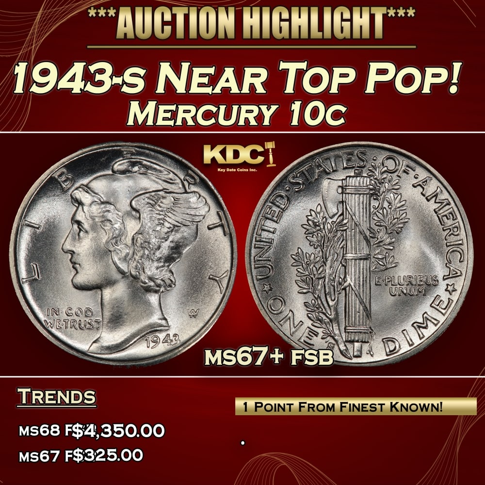 1943-s Mercury Dime Near Top Pop! 10c ms67+ fsb SEGS: 1943-s Near Top Pop! Mercury Dime 10c ms67+ fsb SEGS. 0 Historic precious metal trends is causing increased spot pricing by the day. On auctions with set openings, we are doing our best to have items