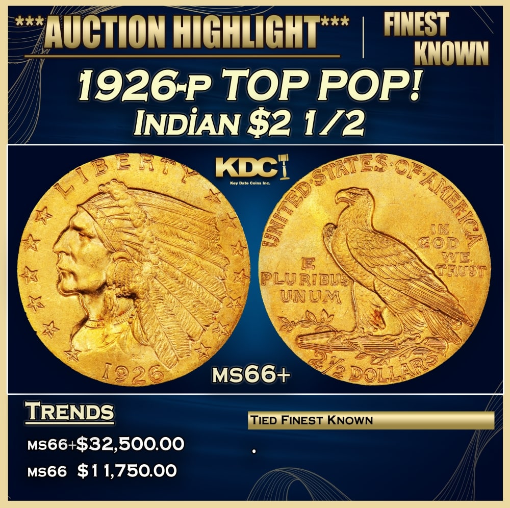 1926-p Gold Indian Quarter Eagle TOP POP! $2 1/2 ms66+ USCG: 1926-p TOP POP! Gold Indian Quarter Eagle $2 1/2 ms66+ USCG. The 1926 is the most consistently well produced and sharply defined circulation strike Indian quarter eagle, and the present example does n