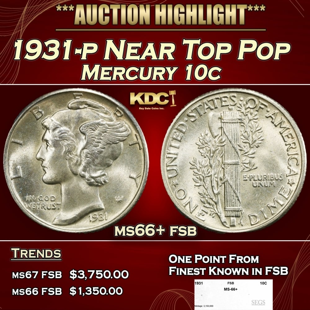 1931-p Mercury Dime Near Top Pop 10c ms66+ fsb SEGS: 1931-p Near Top Pop Mercury Dime 10c ms66+ fsb SEGS. 0 Historic precious metal trends is causing increased spot pricing by the day. On auctions with set openings, we are doing our best to have items p