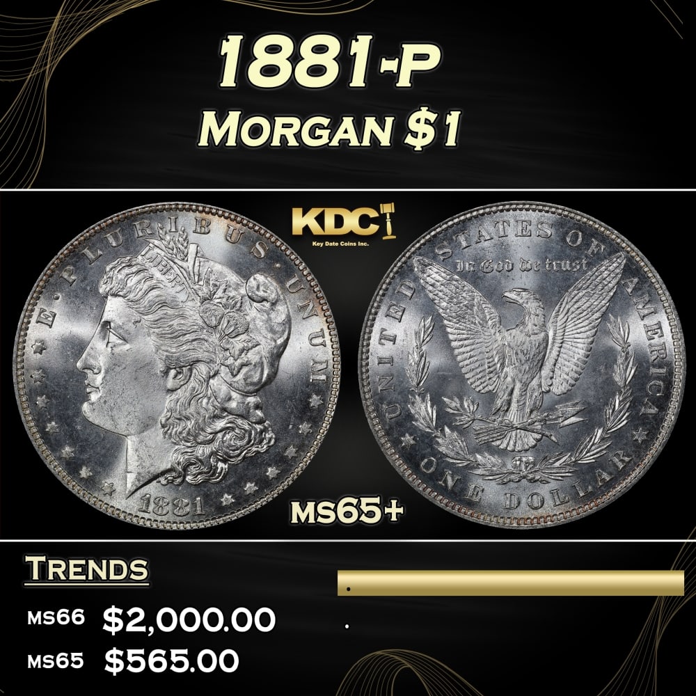 1881-p Morgan Dollar $1 Grades ms65+: 1881-p Morgan Dollar $1 Grades ms65+. 0 Historic precious metal trends is causing increased spot pricing by the day. On auctions with set openings, we are doing our best to have items priced at their
