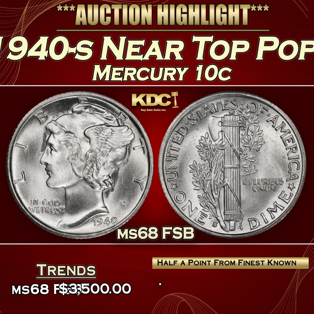 1940-s Mercury Dime Near Top Pop! 10c ms68 FSB SEGS: 1940-s Near Top Pop! Mercury Dime 10c ms68 FSB SEGS. 0 Historic precious metal trends is causing increased spot pricing by the day. On auctions with set openings, we are doing our best to have items p