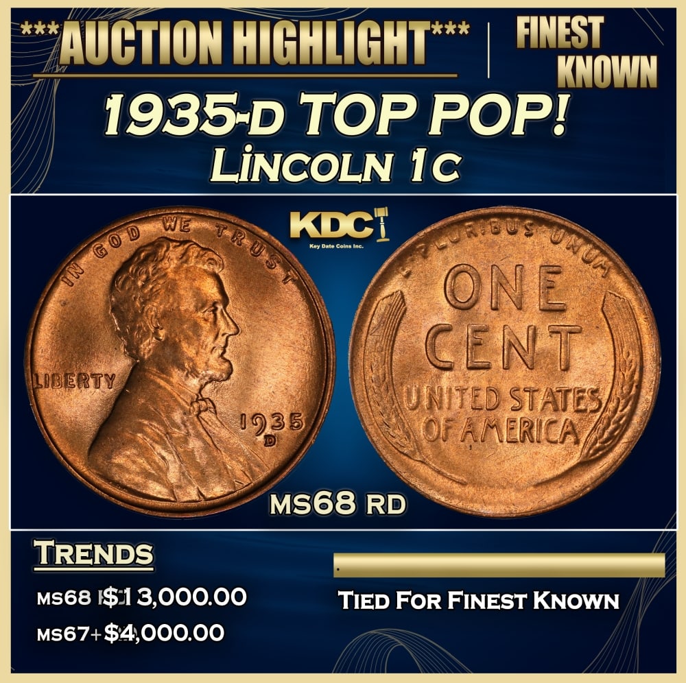 1935-d Lincoln Cent TOP POP! 1c ms68 rd SEGS: 1935-d TOP POP! Lincoln Cent 1c ms68 rd SEGS. 0 Historic precious metal trends is causing increased spot pricing by the day. On auctions with set openings, we are doing our best to have items priced a