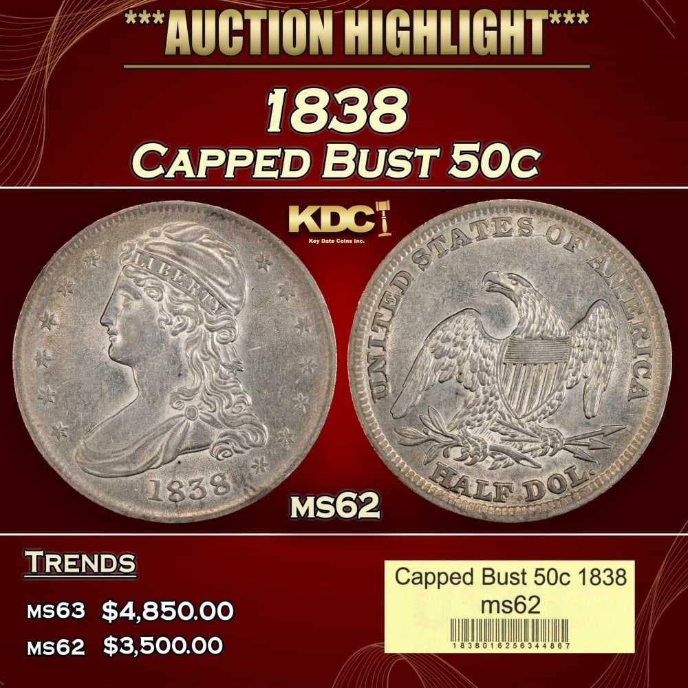 1838 Capped Bust Half Dollar 50c ms62 USCG (1 of 4)