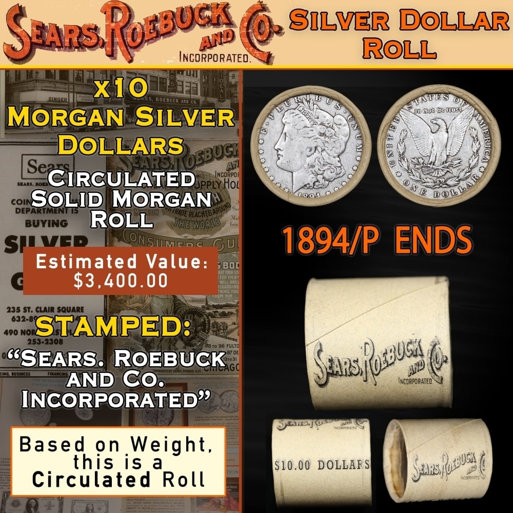 SEARS Circ Morgan Silver Dollar 10 Coin Roll 1894/'P' Rev Ends: SEARS Circ Morgan Silver Dollar 10 Coin Roll 1894/'P' Rev Ends. Up For Auction is a 63- SEARS Circ Morgan Silver Dollar 10 Coin Roll 1894/'P' Rev Ends Roll Weighing 267.2 g Based On this weight this i