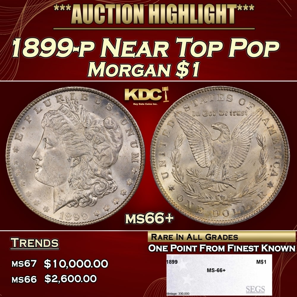 1899-p Morgan Dollar Near Top Pop $1 ms66+ SEGS: 1899-p Near Top Pop Morgan Dollar $1 ms66+ SEGS. 0 Historic precious metal trends is causing increased spot pricing by the day. On auctions with set openings, we are doing our best to have items price